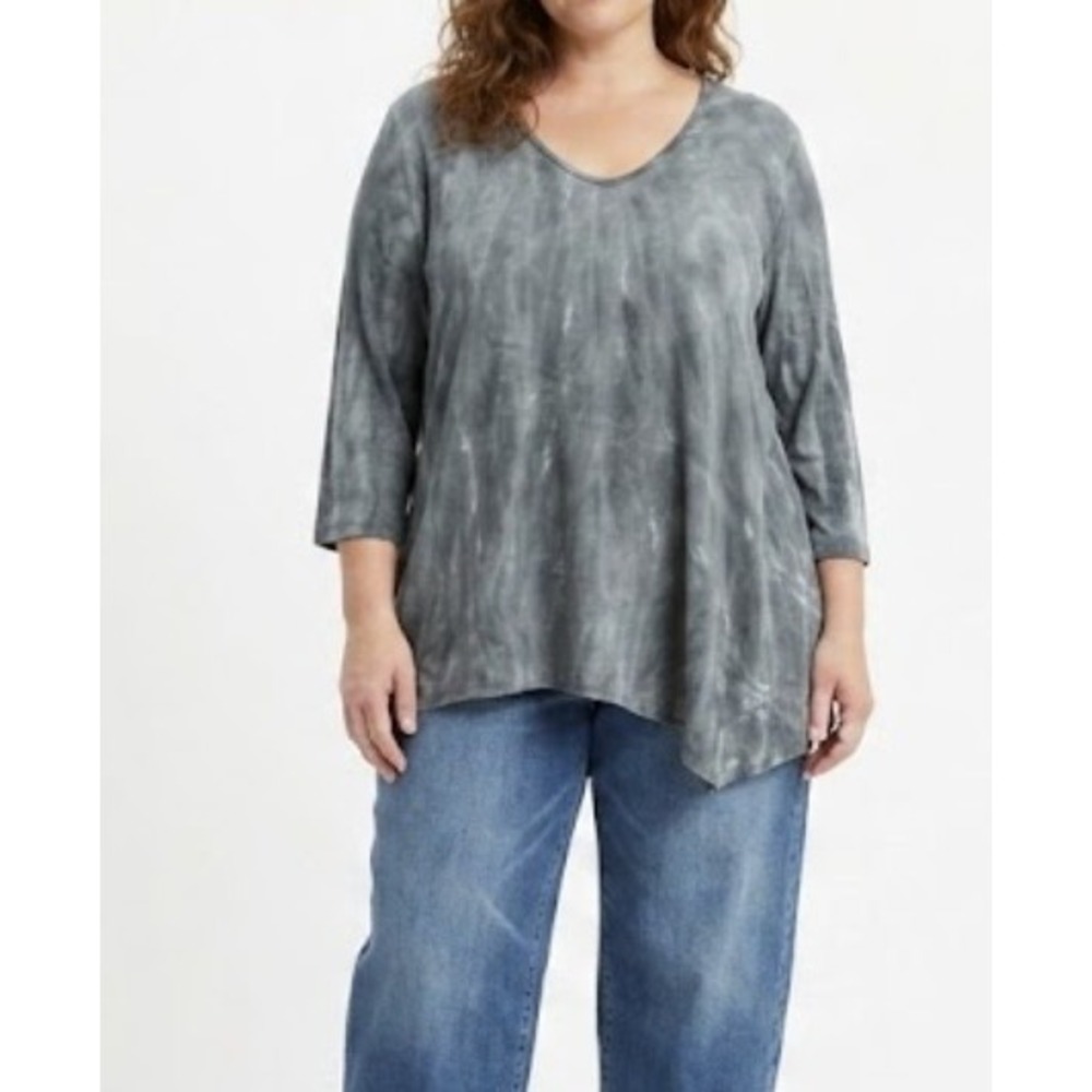Impulse California V-Neck Top XL Tie Dye Asymmetrical Hem 3/4 Sleeve Lagenlook